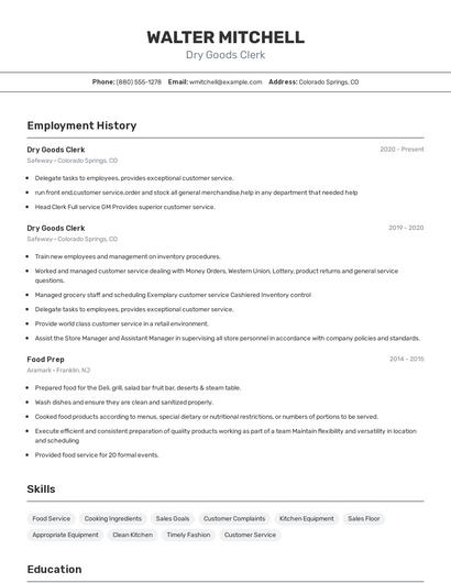 Dry Goods Clerk Resume