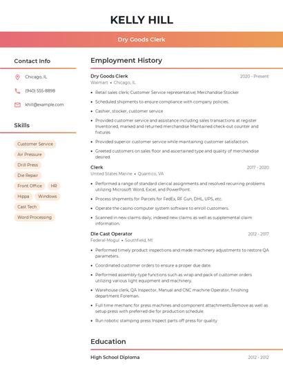 Dry Goods Clerk Resume