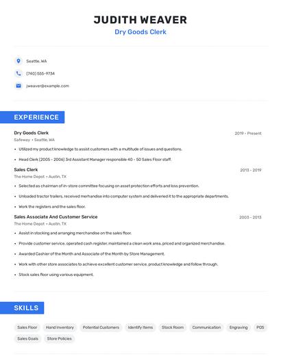 Dry Goods Clerk Resume