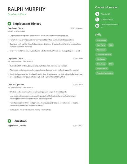 Dry Goods Clerk Resume