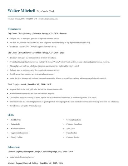 Dry Goods Clerk Resume