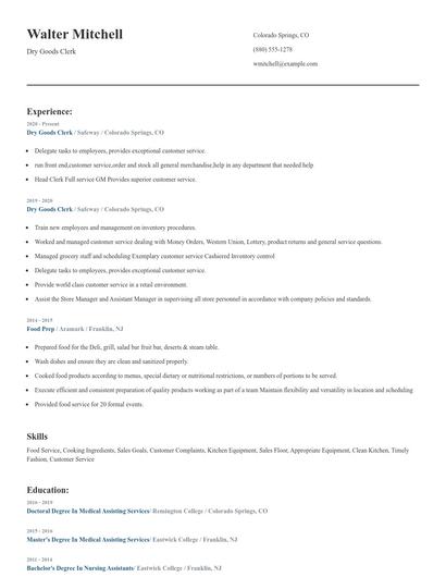 Dry Goods Clerk Resume