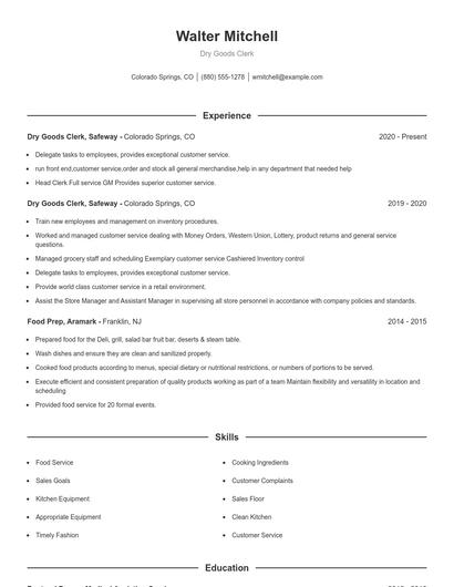 Dry Goods Clerk Resume