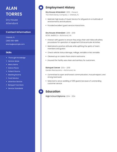 Dry House Attendant Resume
