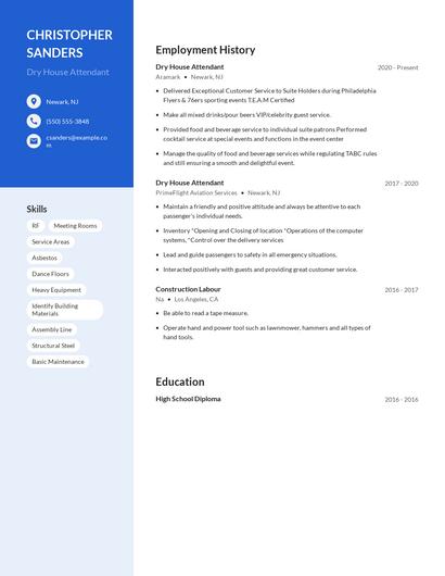 Dry House Attendant Resume