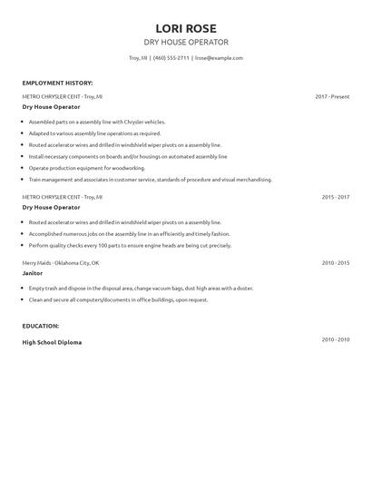 Dry House Operator Resume