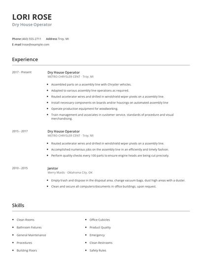 Dry House Operator Resume