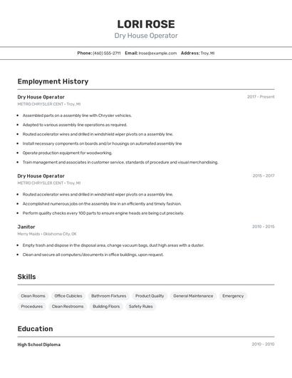 Dry House Operator Resume