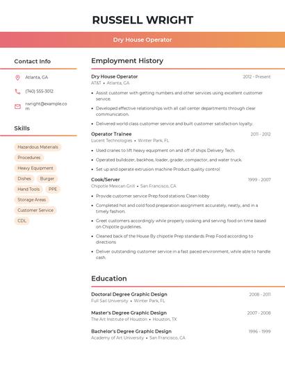 Dry House Operator Resume