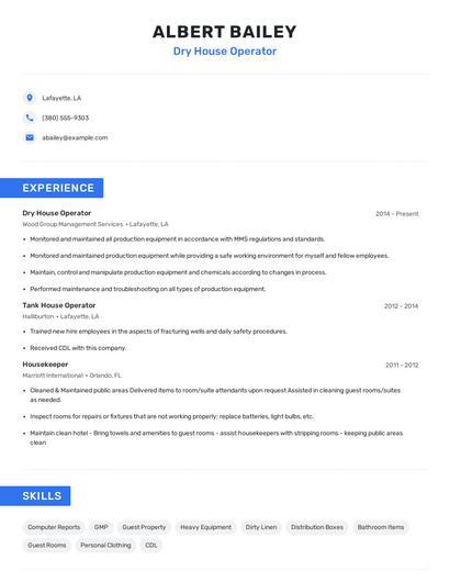 Dry House Operator Resume