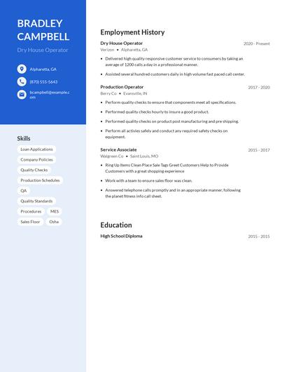 Dry House Operator Resume