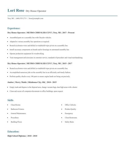 Dry House Operator Resume
