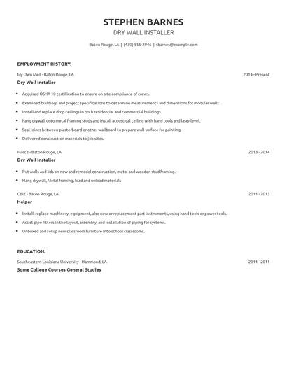 Dry Wall Installer Resume