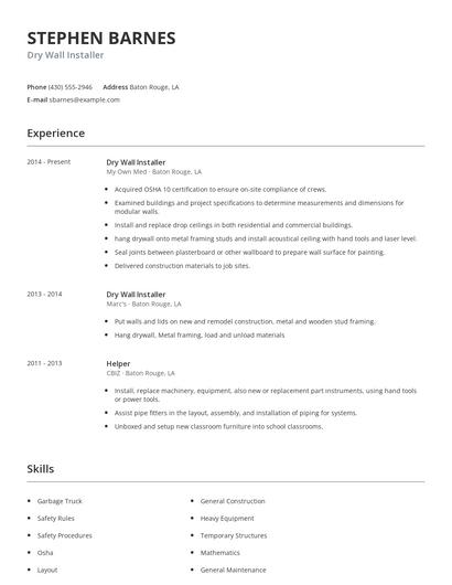 Dry Wall Installer Resume
