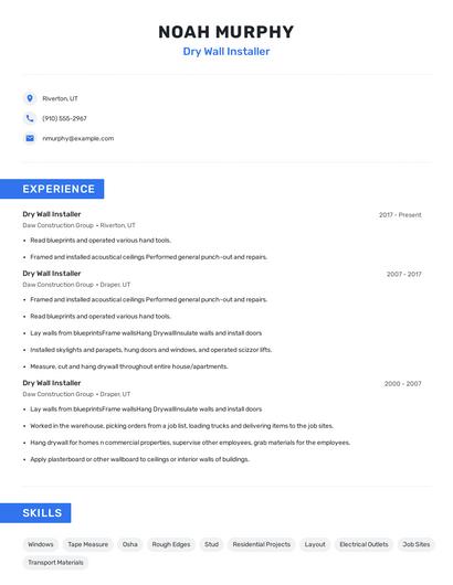 Dry Wall Installer Resume
