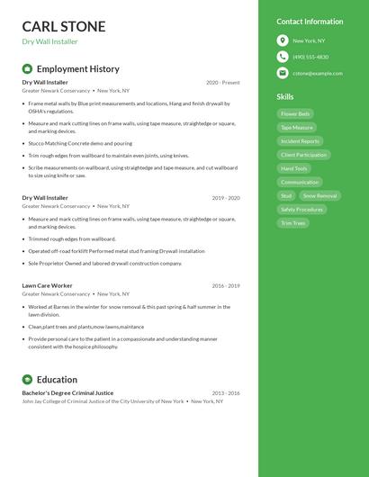 Dry Wall Installer Resume