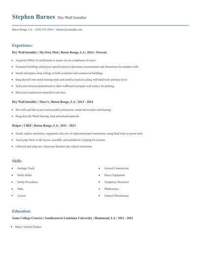 Dry Wall Installer Resume