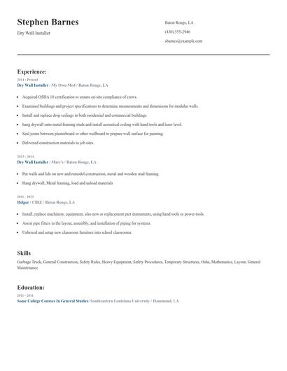 Dry Wall Installer Resume