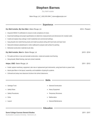 Dry Wall Installer Resume