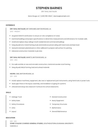 Dry Wall Installer Resume