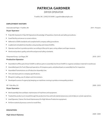 Dryer Operator Resume