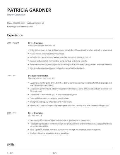Dryer Operator Resume