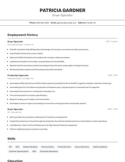 Dryer Operator Resume
