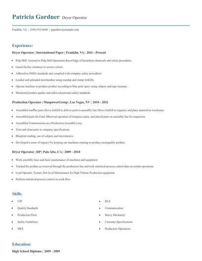 Dryer Operator Resume