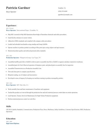 Dryer Operator Resume