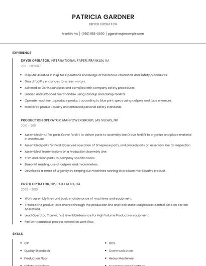 Dryer Operator Resume