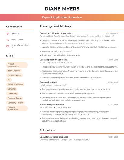Drywall Application Supervisor Resume