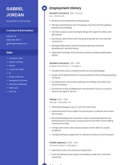 Drywall Contractor Resume