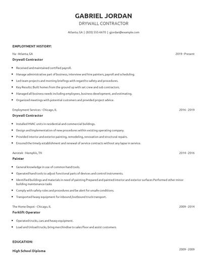 Drywall Contractor Resume