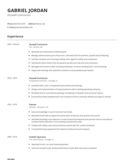 Drywall Contractor Resume