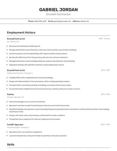 Drywall Contractor Resume