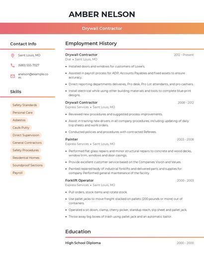 Drywall Contractor Resume