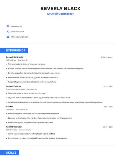Drywall Contractor Resume