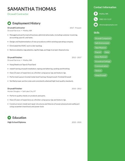 Drywall Contractor Resume