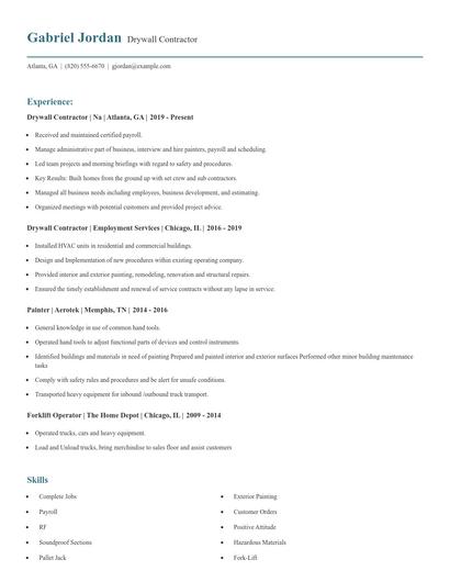 Drywall Contractor Resume