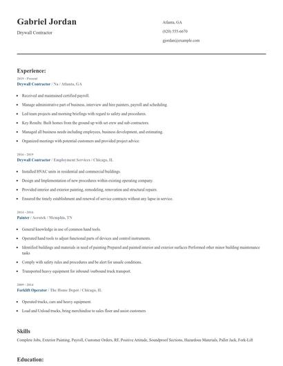 Drywall Contractor Resume