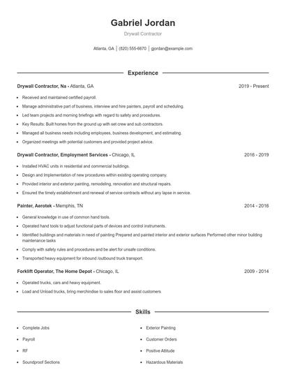 Drywall Contractor Resume