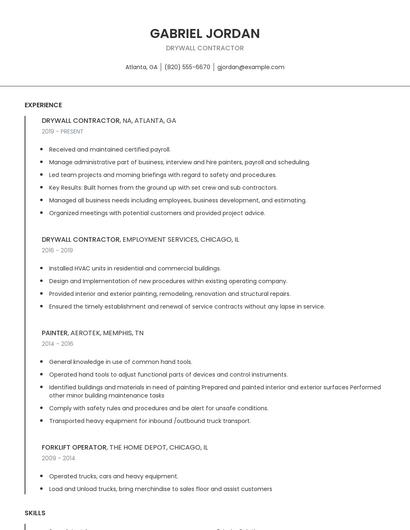 Drywall Contractor Resume