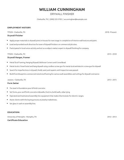 Drywall Finisher Resume
