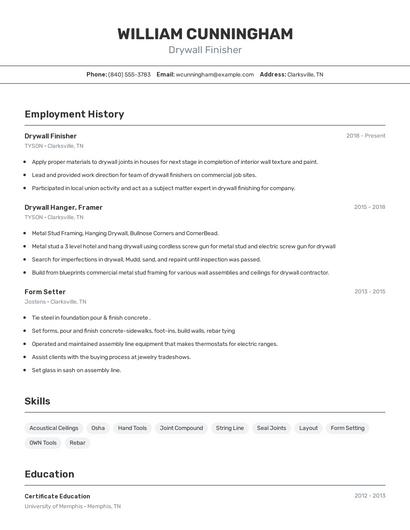 Drywall Finisher Resume