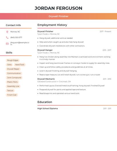 Drywall Finisher Resume