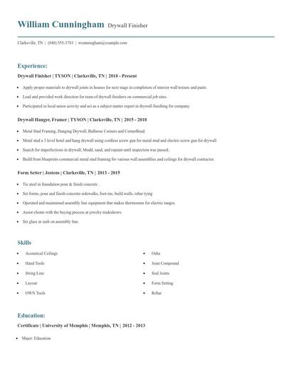 Drywall Finisher Resume