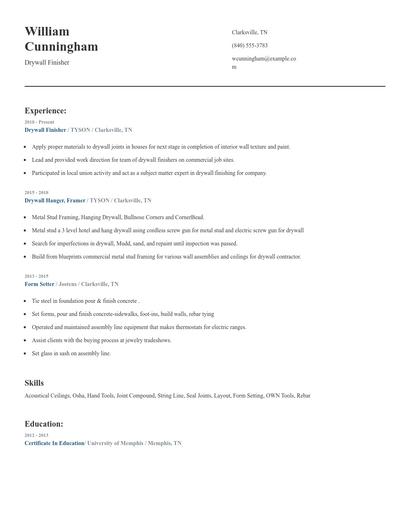 Drywall Finisher Resume