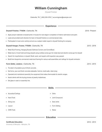 Drywall Finisher Resume