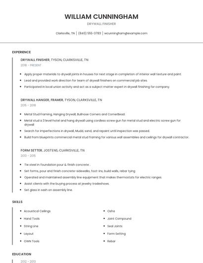 Drywall Finisher Resume