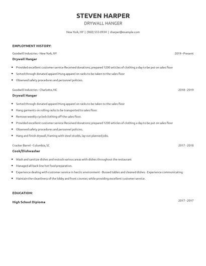 Drywall Hanger Resume
